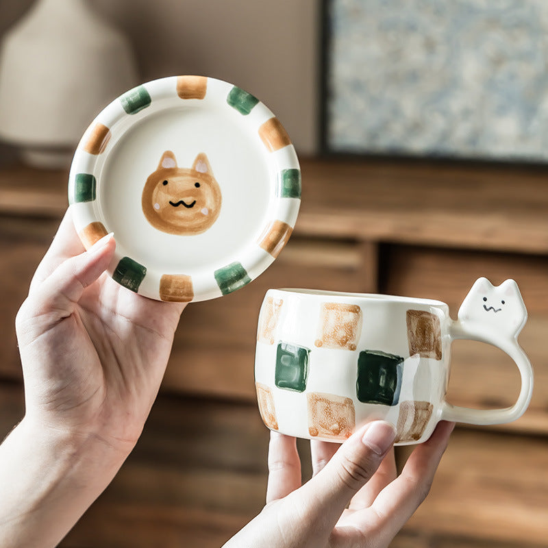 Checkered Cat Mug with Saucer