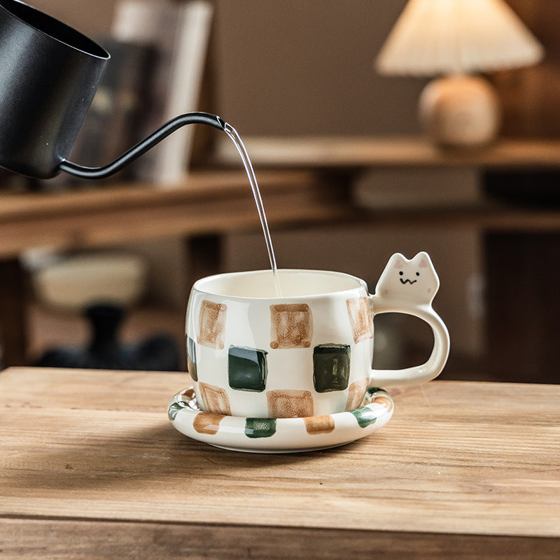 Checkered Cat Mug with Saucer