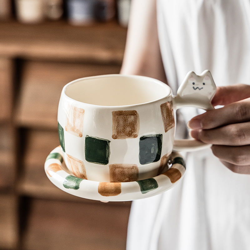 Checkered Cat Mug with Saucer