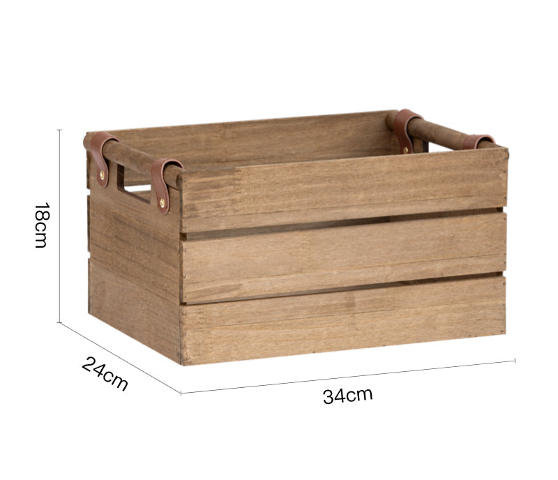 Wooden crate with leather handles and dimensions on a white background