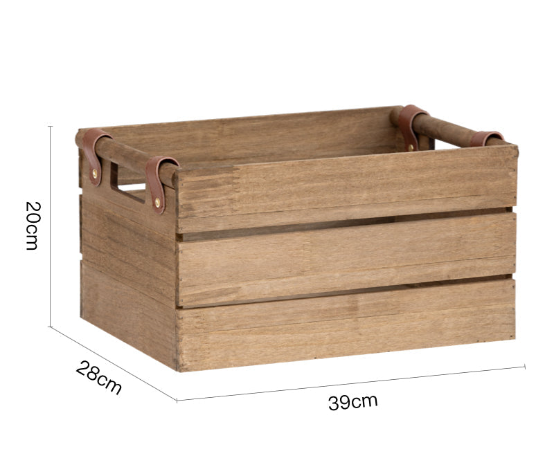Wooden crate with leather handles and dimensions on a white background