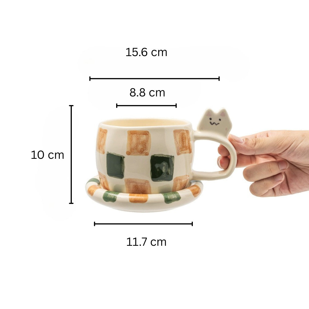 Checkered Cat Mug with Saucer