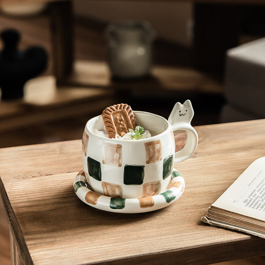 Checkered Cat Mug with Saucer